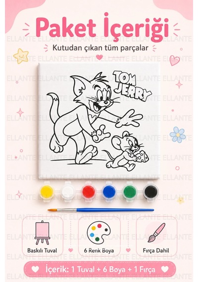 Tom & Jerry Baskılı Boyama Tuvali Seti 20x20 Cm 6 Renk Akrilik Boya + Fırça Dahil Çocuklar İçin