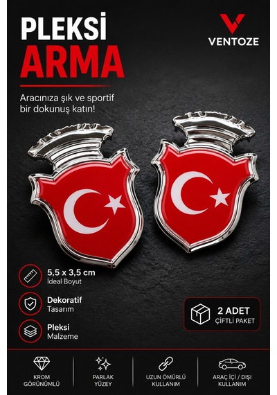 2 Adet Bayrak Krom Görünümlü Pleksi Arma Oto Dekoratif Etiket Çiftli Set 5,5x3,5 Cm