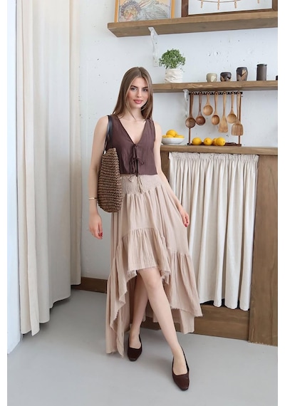 Neşeli Butik Kadın Müslin Kumaş Asimetrik Etek Nbnp011 Bej