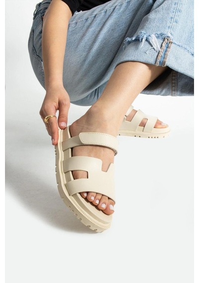 Moda Devrin Beige Cırtlı Anatomik Rahat Taban Kadın Terlik Bej
