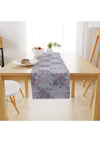Gül Desenli Mavi Modern Kadife Dokulu Runner 40x180