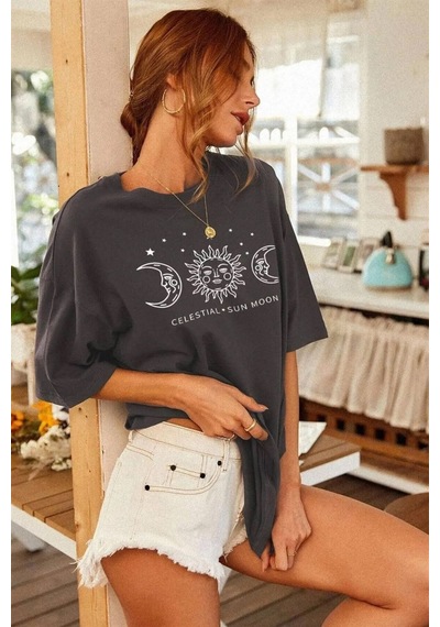 Unisex Sun Moon Sırt Baskılı Oversize T-shirt Yeşil