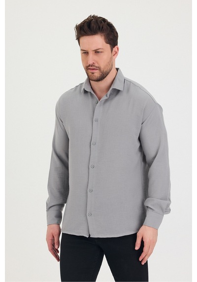 Cool Tarz Erkek Slim Fit Dar Kalıp Uzun Kol Pamuklu Keten Efekt Gömlek Gri Gri