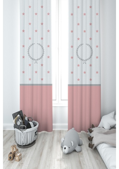 Mekta Home Bebek Ve Çocuk Odası Çelenk Ve Yıldız Desenli Pembe Gri Çerçeveli 2 Kanat Fon Perde