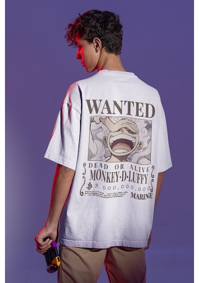 Wanted Monkey D. Luffy Sırt Baskılı Unisex Oversize One Piece Ani Beyaz