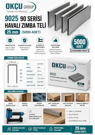 Havalı Zımba Teli 25 Mm Okçu 9025 90 Serisi 5000 Adet