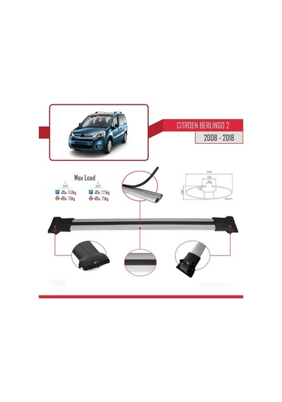 Citroen Berlingo 2008-2018 Arası İle Uyumlu Fly Model Ara Atkı Tavan Barı Gri