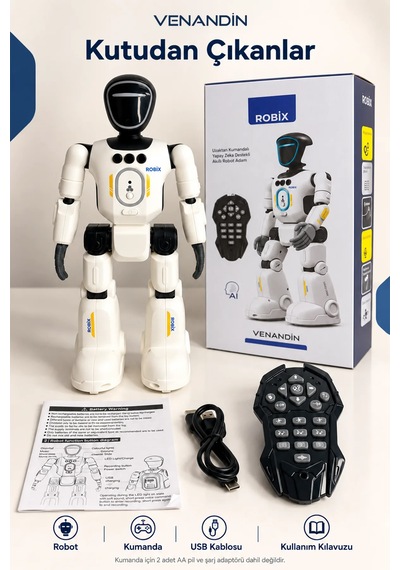 Venandin Robix Türkçe Konuşan Uzaktan Kumandalı Akıllı Robot Adam - Şarjlı, Led Işıklı, Dans Eden Eğitici Oyuncak Robot 31 Cm