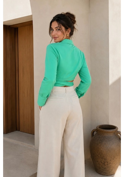 Bb Butik Basic Lüx Kalite Bağlamalı Poplin Gömlek Bb0250 Turkuaz1