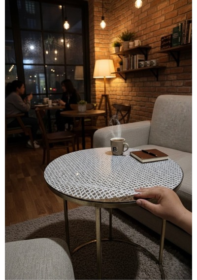 Yuvarlak Orta Sehpa Örtüsü Lüx Pvc Şeffaf, Krem, Modern, Şık, Dekoratif, Çeyizlik