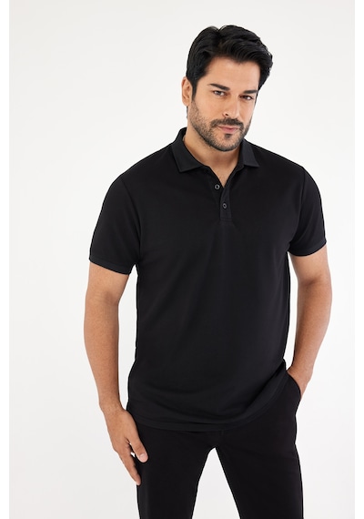 Erkek Çekmeyen Pamuklu Kumaş Slim Fit Dar Kesim Simsiyah Kıvrılmaz Polo Yaka T-shirt