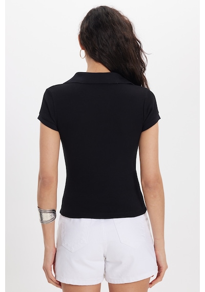 Tudors Kadın Slim Fit Dar Kesim Pamuklu Kısa Kollu Siyah Polo Yaka Tişört-50673