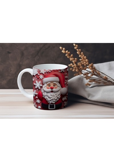 3d Görünümlü Noel Baba Kupa Bardak Kar Tanesi Desenli Kırmızı Yılbaşı Tasarım Kabartmasız Beyaz
