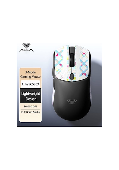 Aula Sc580x Lightweight Paw3311 Sensör 10000 Dpı 1000hz Kablolu Ve Kablosuz Gaming Oyuncu Mouse Siyah