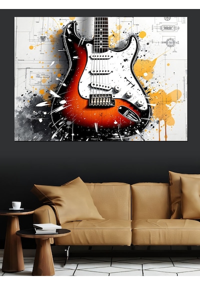 Soyut Renk Sıçramalı Elektro Gitar Dekoratif Kanvas - Mdf Ahşap Tablo