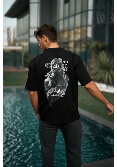Erkek Kısa Kol Tişört Bisiklet Yaka Filistin Poşulu Baskılı T-shirt - Siyah