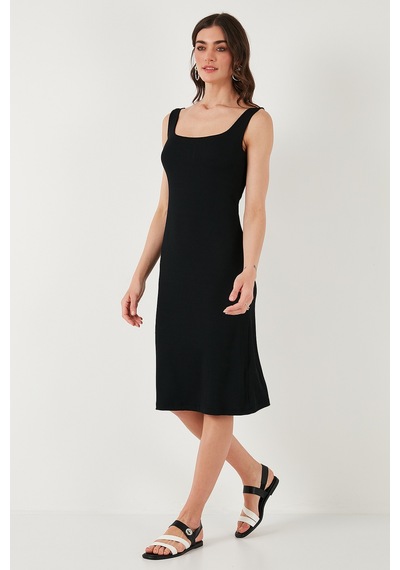 Lela Streç Slim Fit Kare Yaka Kalın Askılı Midi Boy Bayan Elbise 5866102 Siyah