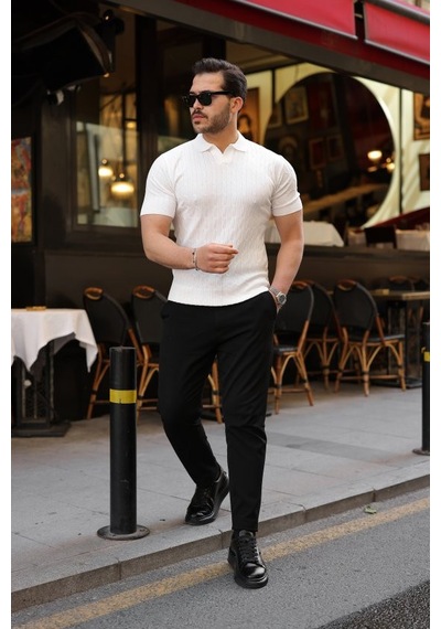 Veraura Lifestyle Erkek Örgü Desen Yakalı Kısa Kollu Triko Tişört Beyaz
