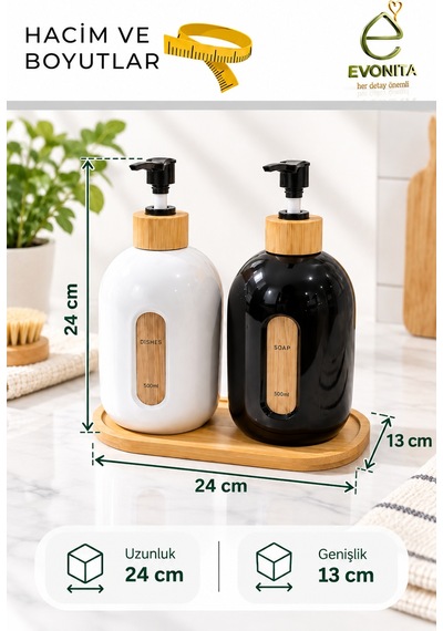 Evonıta 2 Li 500 Ml Bambu Detaylı Sıvı Sabunluk Ve Deterjanlık Seti Siyah Beyaz Pompalı Dispenser Bambu Standlı Beyaz - Siyah