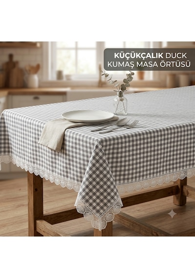 Küçükçalık Duck Kumaş Gri Kareli Dantelli Masa Örtüsü