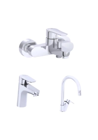 Artema A43058 Nuvo Banyo + A43401 Neva Soft Eviye + A42966 Nuvo Round Lavabo Bataryası  3'lü Set Krom