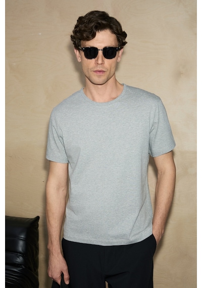 Grımelange Axıon Erkek %100 Organik Pamuklu Yuvarlak Yakalı Regular Fit Grimelanj T-shirt Gri Melanj