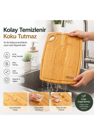 Tr 2'li Bambu Kesme Tahtası Seti 33x24 Cm & 28x22 Cm Oluklu Büyük Boy Meyve & Sebze Ayrımı Doğal, Diğer