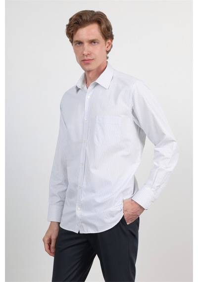İmza Beyaz - Lacivert Sert Yaka Uzun Kol Cepli Comfort Fit Pamuklu Gömlek 1004260222