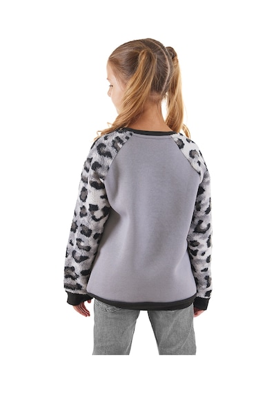 Kız Çocuk Kışlık Leopar Desenli Peluş Gri Uzun Kollu Sweatshirt 3-8 Yaş