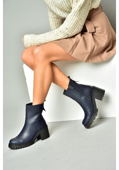Fox Shoes R654006503 Lacivert Hakiki Deri Kalın Topuklu Kadın Bot Lacivert