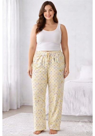 Viskon Pamuklu Kadın Büyük Beden Açık Sarı Desenli Pijama Pantolon - Mgb010 - Mudanis