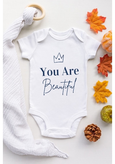 Tuğbababy Baby You Are Beautiful Desenli Organik Çıtçıtlı Body Kız Erkek Beyaz