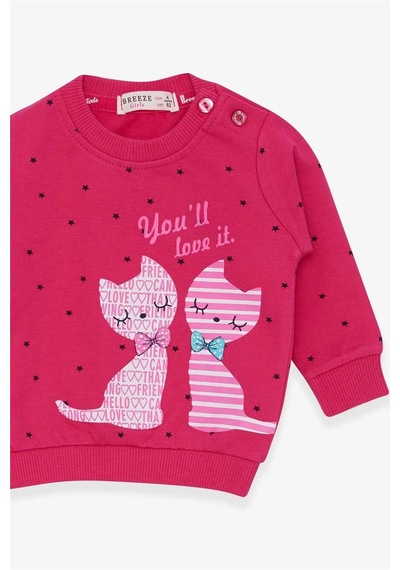 Breeze Kız Bebek Sweatshirt Mutlu Kedicikler 4 Ay-1.5 Yaş, Fuşya-fuşya Fuşya