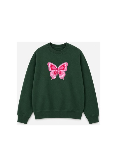 Herkesemoda Kelebek Baskı Detaylı Şardonlu 2 İplik Bisiklet Yaka Sweatshirt Yeşil