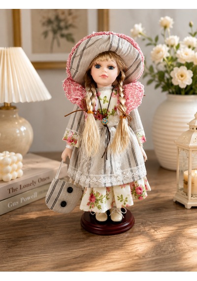 35 Cm Dekoratif Vintage Şapkalı Kız Bebek Biblosu Porselen Görünümlü Salon, Vitrin, Konsol Ve Ev Dekoru -