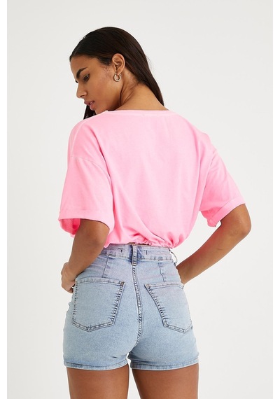Kadın Neon Yağ Yıkamalı T-shirt Pembe Yeşil