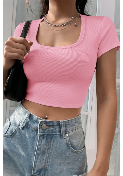 Angbutik Kadın Pembe Yarım Kol Düz Yaka Crop Top Bluz
