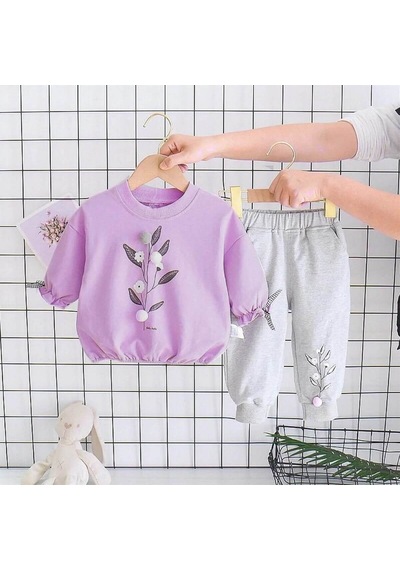 Quzucuk Kids Kız Çocuk Pamuk Figürlü Mor Eşofman Takımı Mor