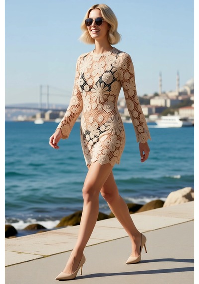 Benerly Kadın Ajurlu Dokuma Bisiklet Yaka Kolsuz Bodycon Midi Plaj Elbise Ekru