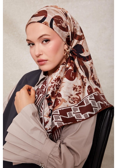 Levidor Desenli Twill İpek Eşarp-0918 Kiremit
