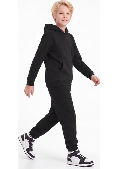 Fyk Kids 3 İplik Düz Kışlık Kanguru Cepli Kapüşonlu Erkek Çocuk Eşofman Takımı Siyah