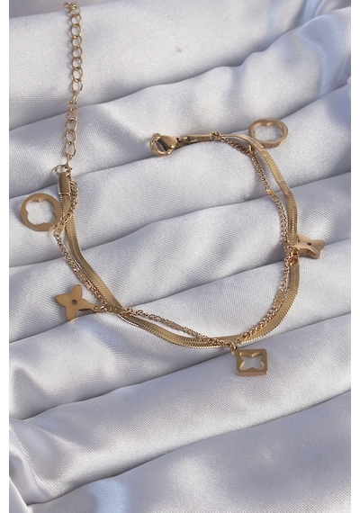 Ezoconcept 316l Çelik Gold Renk Çift Zincir Yonca Tasarım Bileklik 001