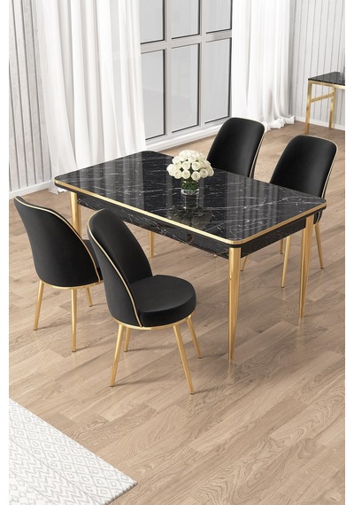 Canisa Rewa Serisi 70x110 Sabit Siyah Mermer Desen Gold Detay Masa Takımı Ve 4 Siyah Sandalye Masa Siyah Mermer Sandalye Siyah Gold Ayak Canisa Rewa Serisi 70x110 Sabit Siyah Mermer Desen Gold Detay Masa Takımı Ve 4 Siyah Sandalye Masa Siyah Mermer Sandalye Siyah Gold Ayak