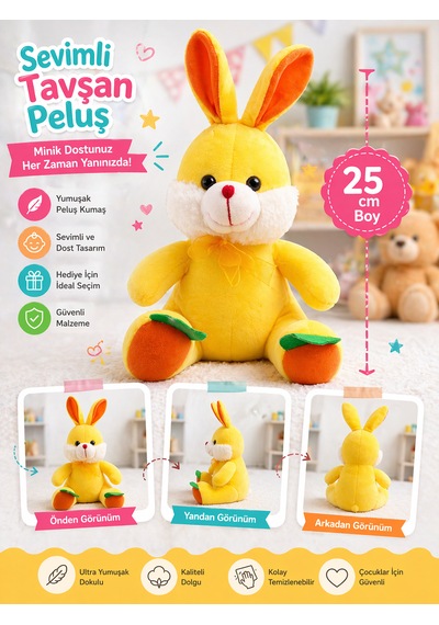 Sevimli Peluş Tavşan 25 Cm Yumuşak Oyuncak Sarı Renk, Ultra Soft