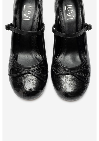 Luvi Shoes Acland Siyah Baskı Fiyonklu Kadın Topuklu Ayakkabı