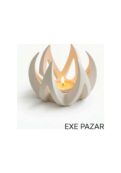 Exe Pazar Alev Temalı Tealight Mumluk 11 X 8,5 Cm - Modern Ev Dekorasyon Hediyelik Ve Konsept Beyaz