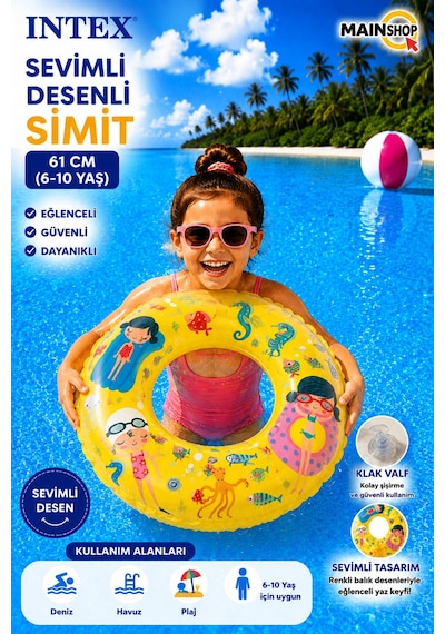 Mainshop Intex Şeffaf Baskılı Çocuk - Deniz Simidi 61 Cm 6-10 Yaş - Renkli Yüzme Simidi M-59242