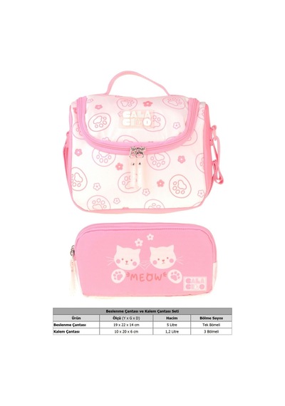 Calacilo Kedi Baskılı Kız Çocuk Pembe Renk Beslenme Çantası Ve Kalemlik Seti - Setcc-c4039 Pembe - Krem