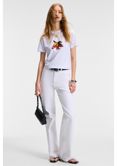 ETHIQUET E VERA Kadın %100 Pamuk Comfort Fit Baskılı Kısa Kollu Yuvarlak Yaka Beyaz T-Shirt