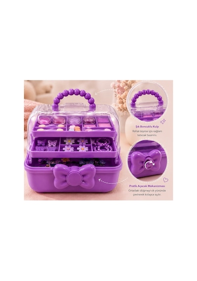 Çocuk Takı Ve Toka Organizeri Otomatik Açılır Katlı Düzenleyici Kutu 27x15x15 Cm Pembe Taşınabilir Çok Bölmeli Saklama Çantası Mor